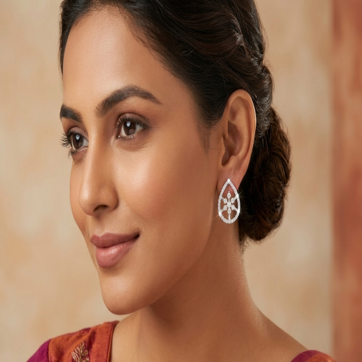 925 Sterling Silver Floral Teardrop Stud Earrings | Sparkling Flower Halo Earrings with Brilliant Cubic Zirconia