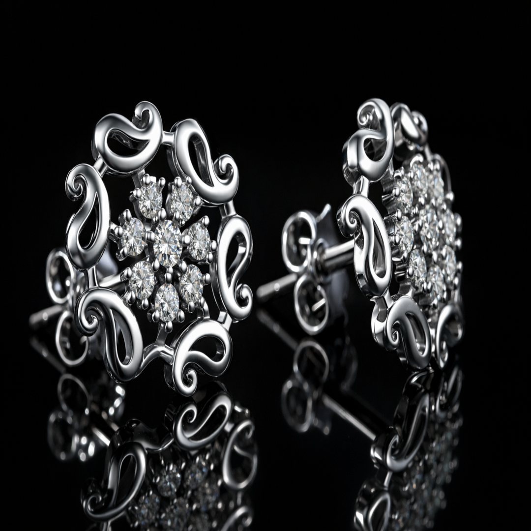 925 Sterling Silver Paisley Flower Stud Earrings | Traditional Kalki Motif Silver Studs with Sparkling Stones