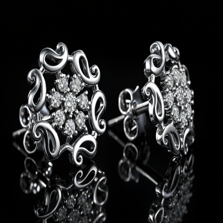 925 Sterling Silver Paisley Flower Stud Earrings | Traditional Kalki Motif Silver Studs with Sparkling Stones