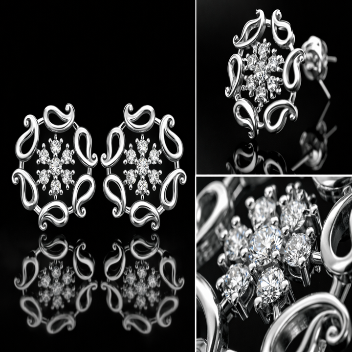 925 Sterling Silver Paisley Flower Stud Earrings | Traditional Kalki Motif Silver Studs with Sparkling Stones