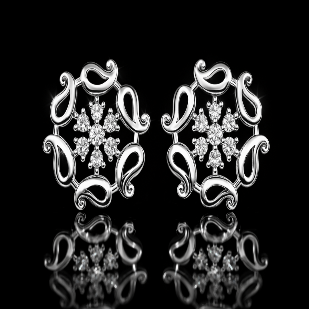 925 Sterling Silver Paisley Flower Stud Earrings | Traditional Kalki Motif Silver Studs with Sparkling Stones