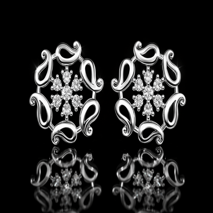 925 Sterling Silver Paisley Flower Stud Earrings | Traditional Kalki Motif Silver Studs with Sparkling Stones