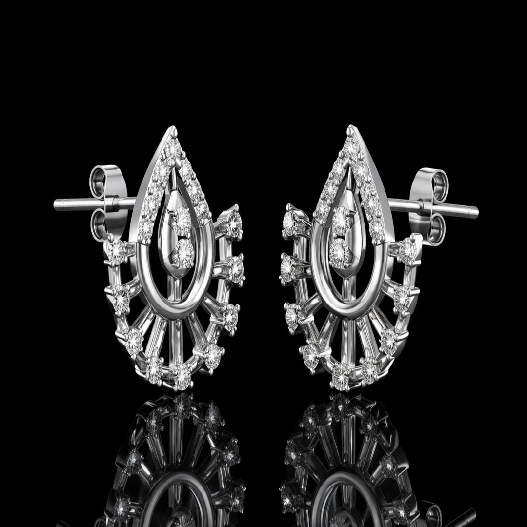 925 Sterling Silver Sunburst Teardrop Stud Earrings | Radiant Fan Shaped Silver Earrings with Brilliant CZ Stones