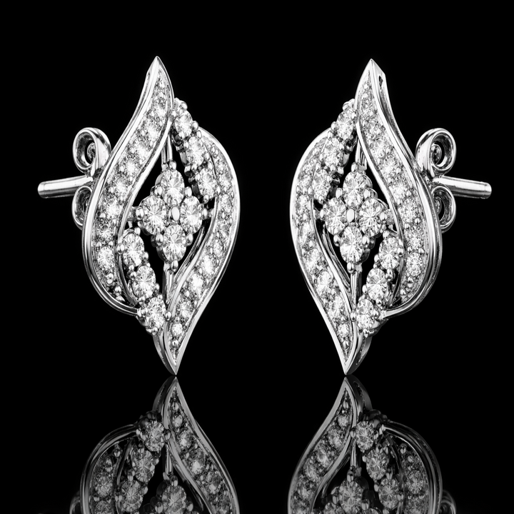 925 Sterling Silver Curved Leaf Stud Earrings | Modern Rhombus Flower Cluster Earrings with Brilliant Cubic Zirconia