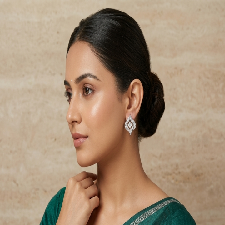 925 Sterling Silver Curved Leaf Stud Earrings | Modern Rhombus Flower Cluster Earrings with Brilliant Cubic Zirconia