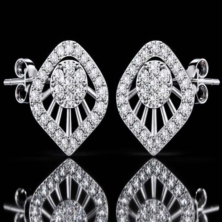 925 Sterling Silver Rhombus Halo Stud Earrings | Geometric Square Cluster Earrings with Brilliant Cubic Zirconia