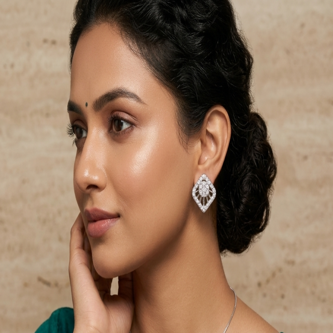 925 Sterling Silver Rhombus Halo Stud Earrings | Geometric Square Cluster Earrings with Brilliant Cubic Zirconia