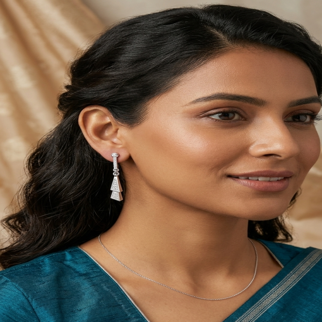 925 Sterling Silver Geometric Pyramid Drop Earrings | Long Linear CZ Dangle Earrings for Women