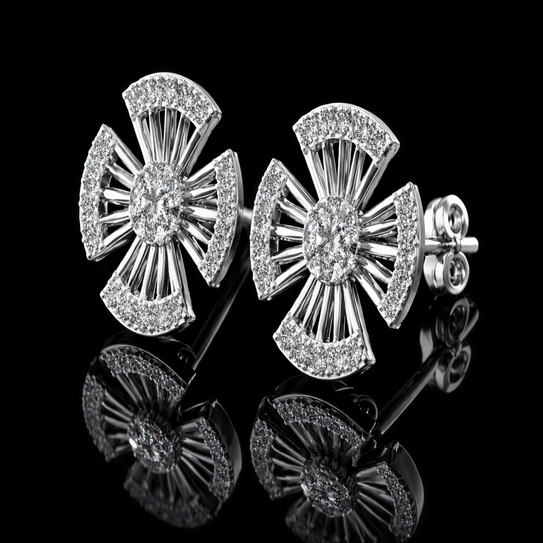 925 Sterling Silver Cross-Fan Stud Earrings | Radiant Round Cluster Geometric Earrings with Brilliant Cubic Zirconia