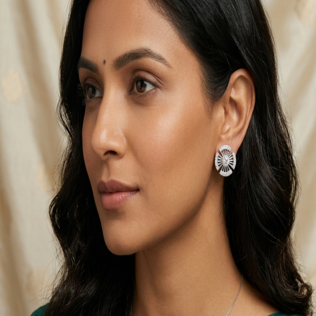 925 Sterling Silver Cross-Fan Stud Earrings | Radiant Round Cluster Geometric Earrings with Brilliant Cubic Zirconia