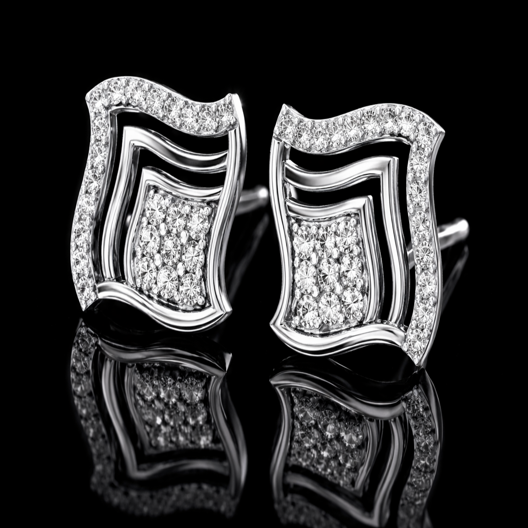 925 Sterling Silver Wavy Square Stud Earrings | Modern Geometric Cluster Studs with Brilliant CZ Accents