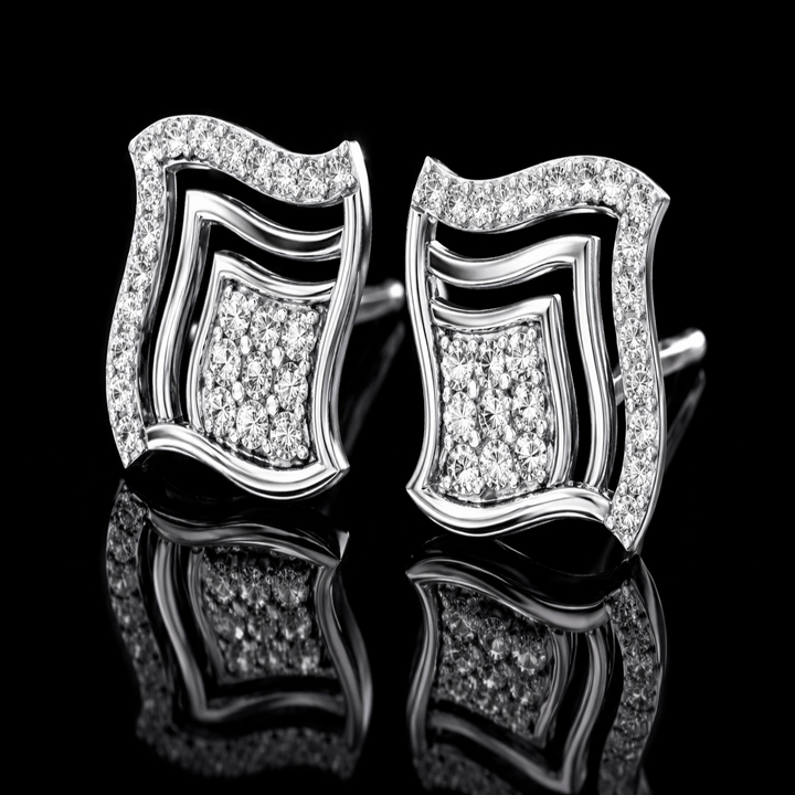 925 Sterling Silver Wavy Square Stud Earrings | Modern Geometric Cluster Studs with Brilliant CZ Accents