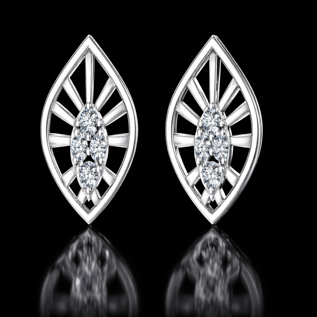 925 Sterling Silver Architectural Leaf Stud Earrings | Modern Geometric Marquise Cluster Earrings with Brilliant Cubic Zirconia