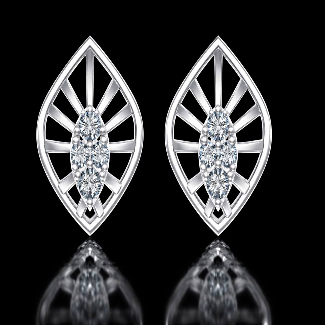 925 Sterling Silver Architectural Leaf Stud Earrings | Modern Geometric Marquise Cluster Earrings with Brilliant Cubic Zirconia