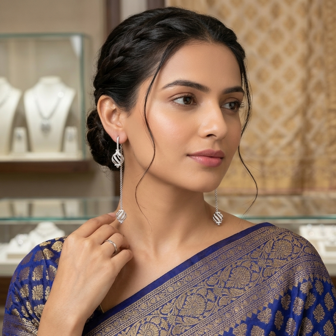 925 Sterling Silver Cage Sphere Sui Dhaga Earrings – Elegant Threader Drops