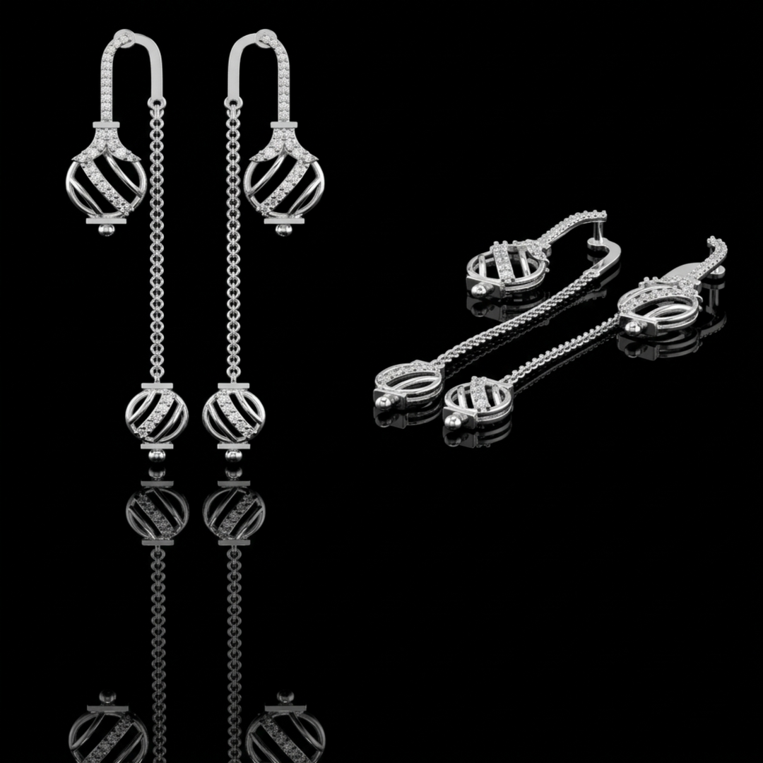 925 Sterling Silver Cage Sphere Sui Dhaga Earrings – Elegant Threader Drops