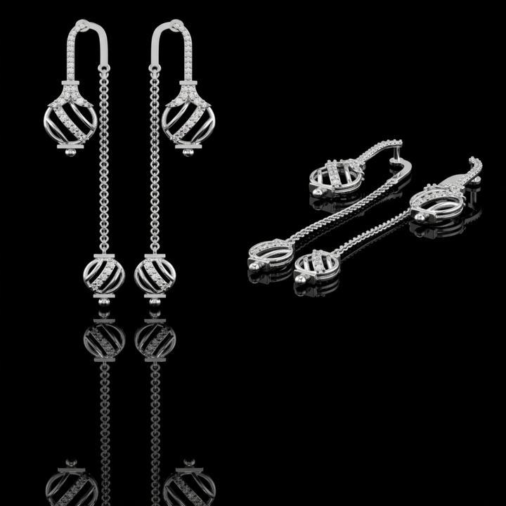 925 Sterling Silver Cage Sphere Sui Dhaga Earrings – Elegant Threader Drops