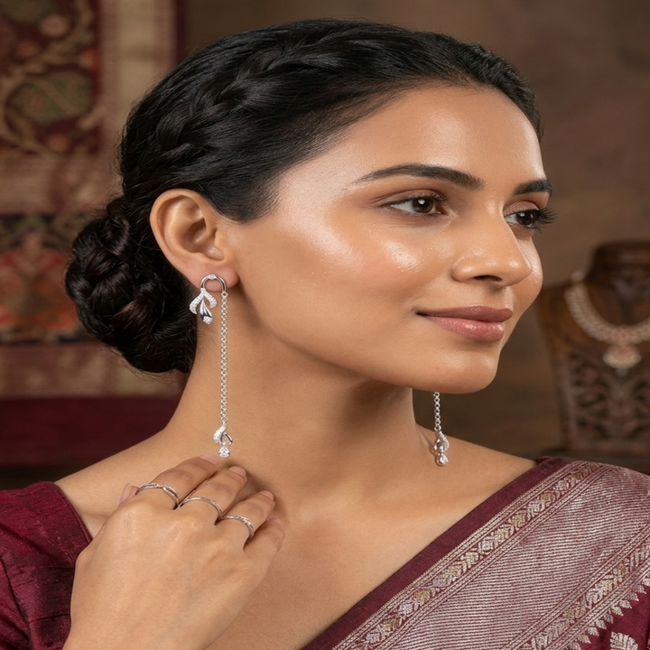 925 Sterling Silver Leaf Motif Sui Dhaga Earrings – Sparkling Petal Threaders