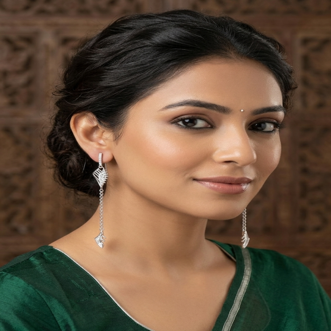 925 Sterling Silver Sparkling Wing Sui Dhaga – Designer Cluster Threader Earrings