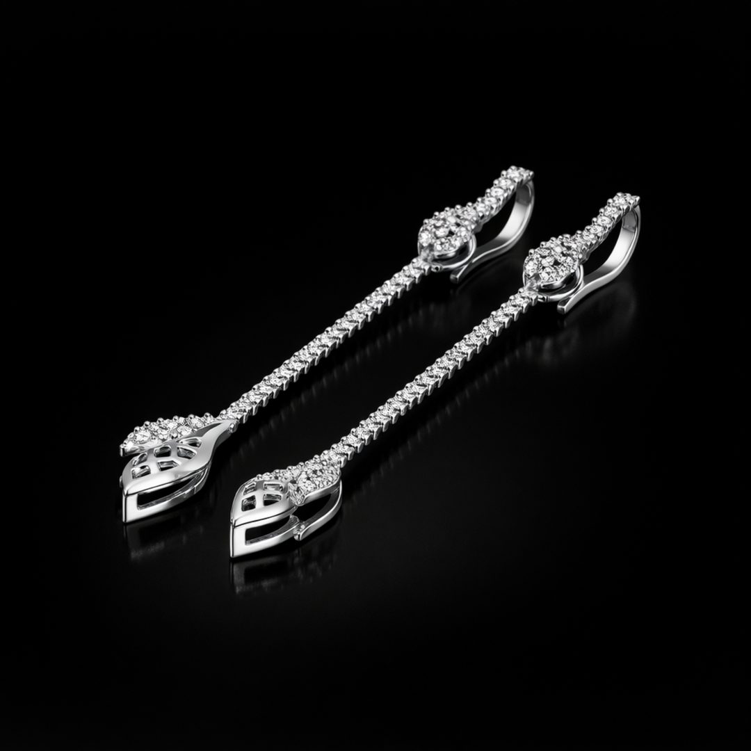 Sterling Silver Shimmering Leaf Sui Dhaga – Modern Long Dangle Earrings for Festive and Occasion Wear