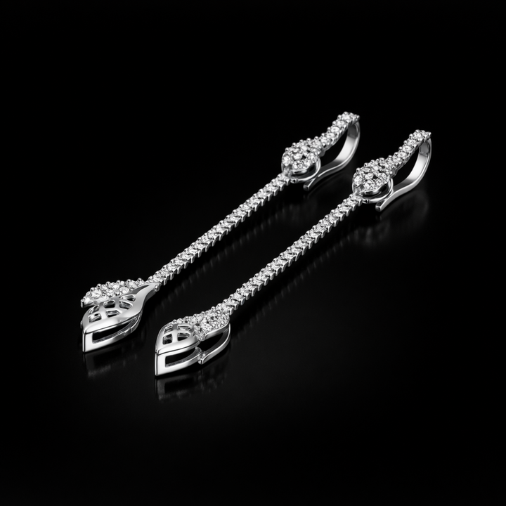 Sterling Silver Shimmering Leaf Sui Dhaga – Modern Long Dangle Earrings for Festive and Occasion Wear