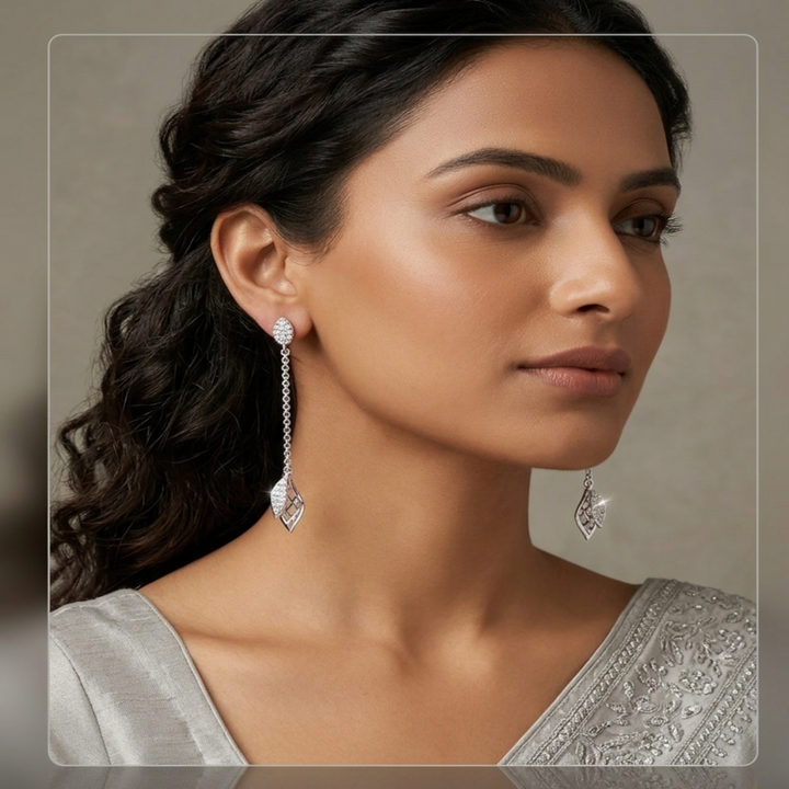 Sterling Silver Shimmering Leaf Sui Dhaga – Modern Long Dangle Earrings for Festive and Occasion Wear