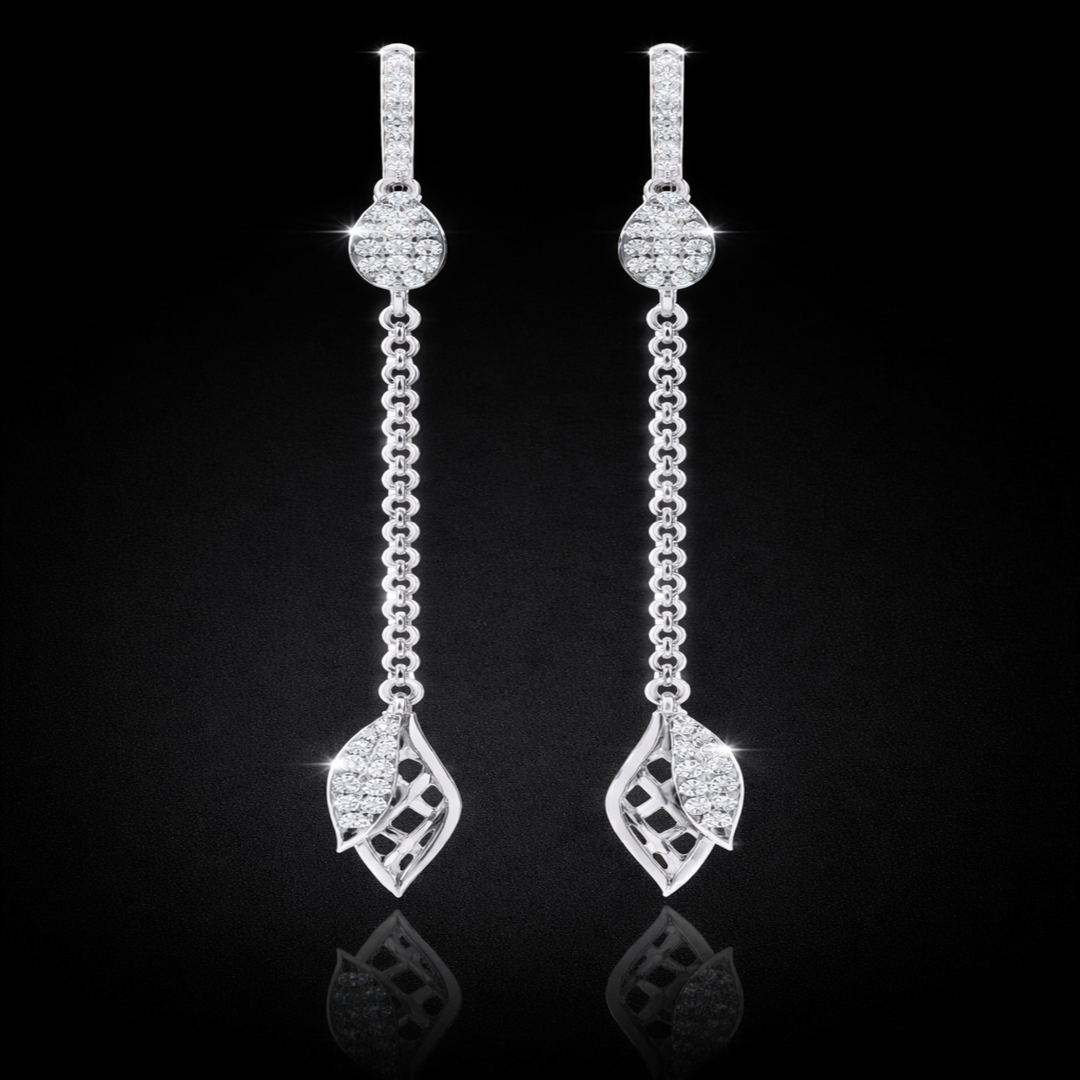 Sterling Silver Shimmering Leaf Sui Dhaga – Modern Long Dangle Earrings for Festive and Occasion Wear