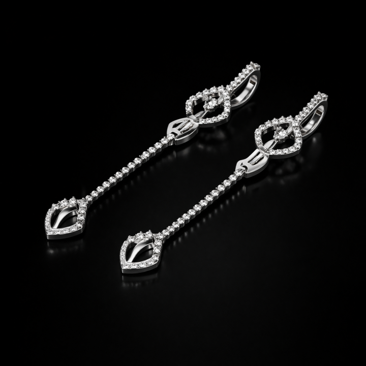 925 Sterling Silver Abstract Geometric Sui Dhaga Earrings – Sparkling CZ Long Chain Dangle Earrings for Women