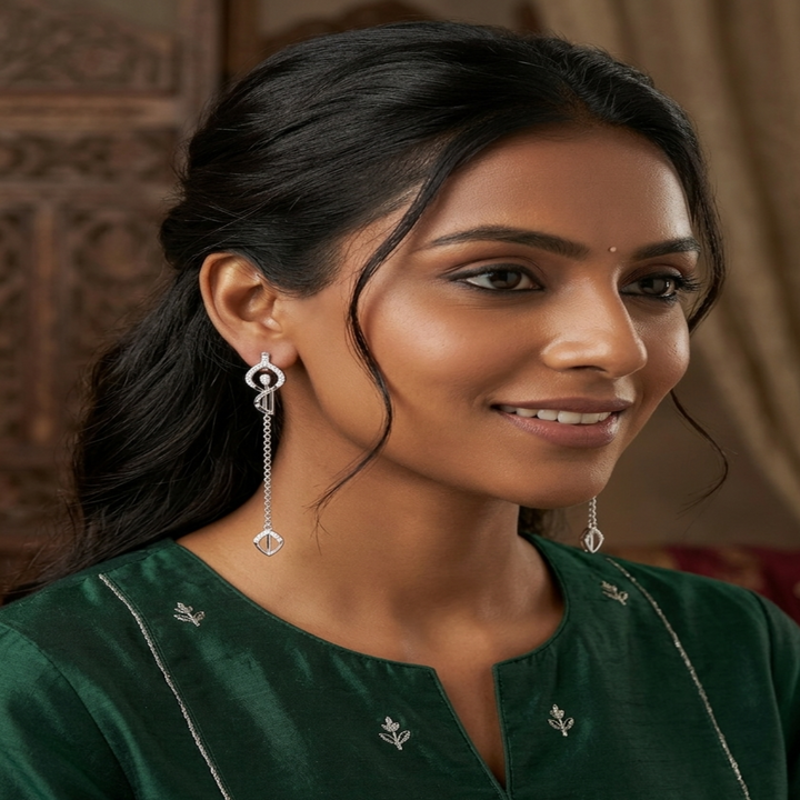 925 Sterling Silver Abstract Geometric Sui Dhaga Earrings – Sparkling CZ Long Chain Dangle Earrings for Women