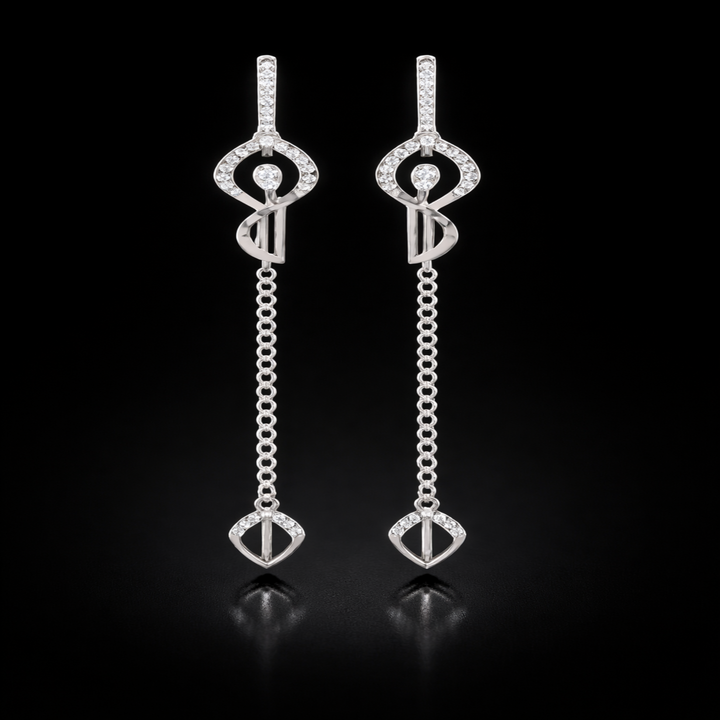 925 Sterling Silver Abstract Geometric Sui Dhaga Earrings – Sparkling CZ Long Chain Dangle Earrings for Women
