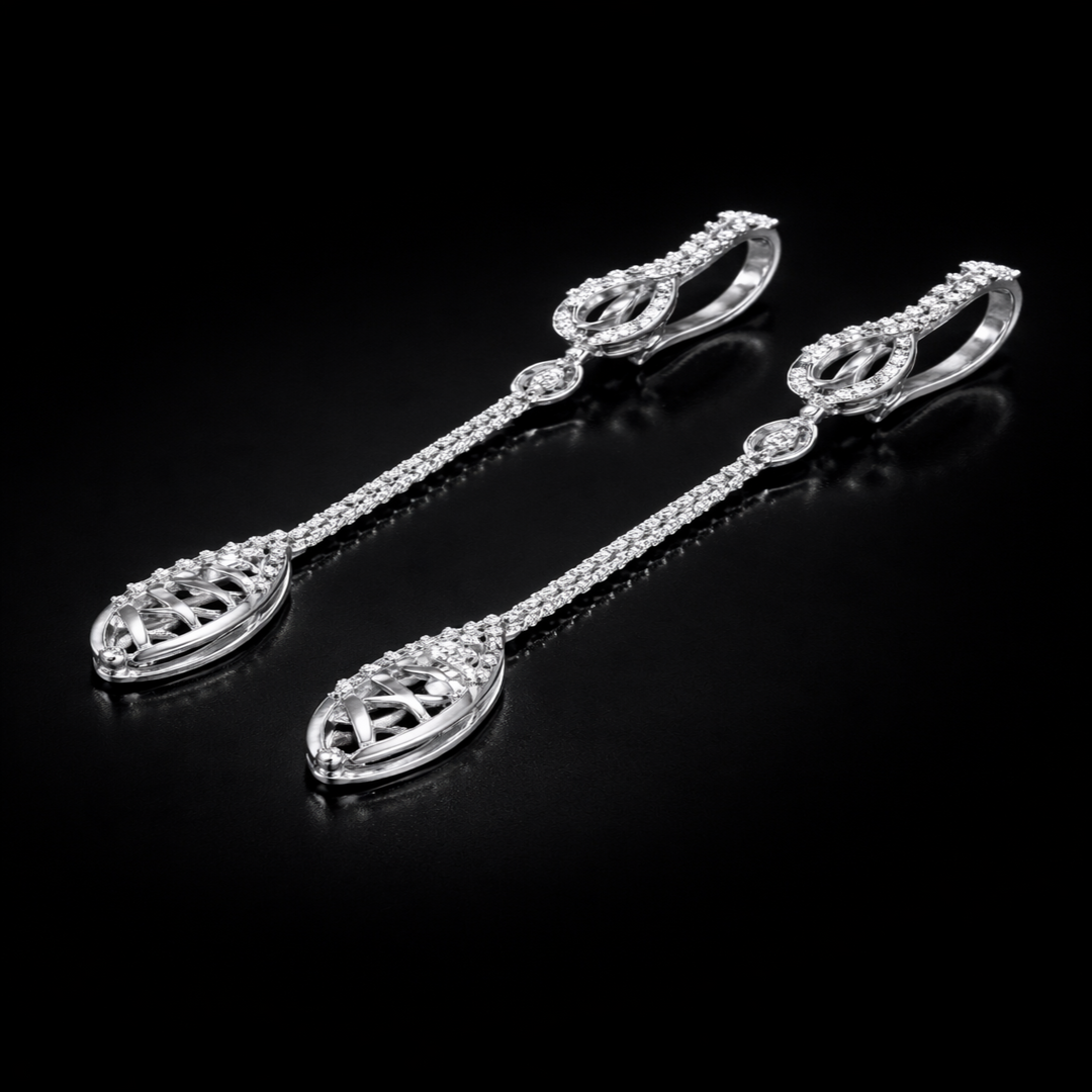 Silver Filigree Tear Sui Dhaga Earrings – Elegant Long Chain Drop Earrings with Intricate Lattice Work and CZ Accents