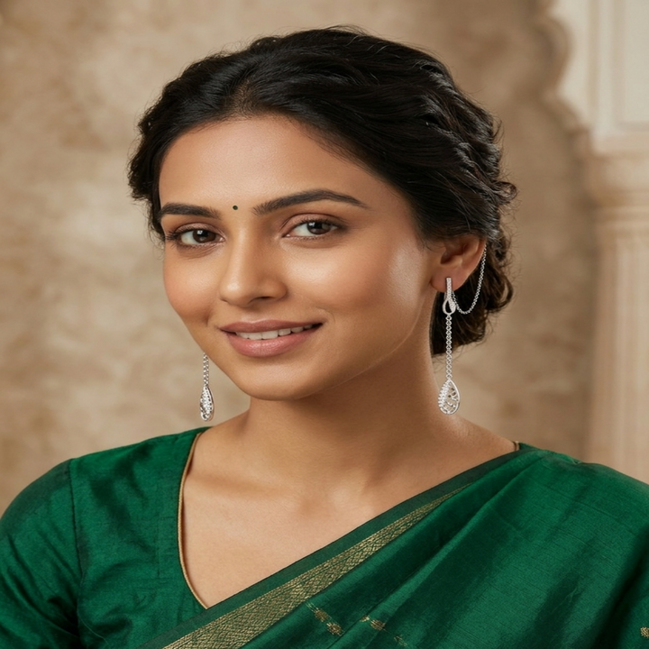 Silver Filigree Tear Sui Dhaga Earrings – Elegant Long Chain Drop Earrings with Intricate Lattice Work and CZ Accents