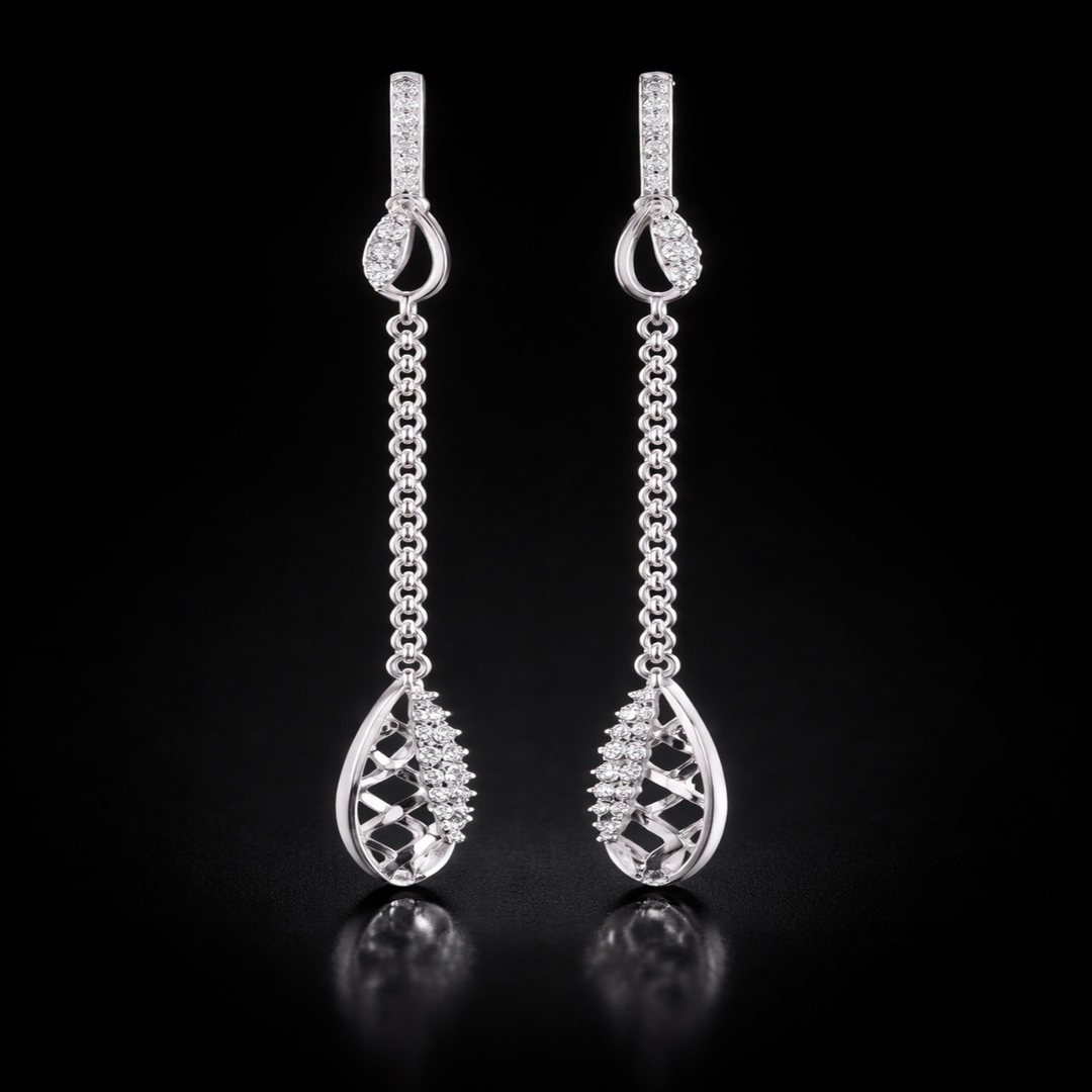 Silver Filigree Tear Sui Dhaga Earrings – Elegant Long Chain Drop Earrings with Intricate Lattice Work and CZ Accents