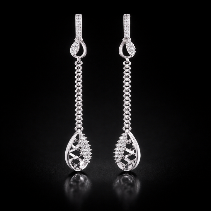 Silver Filigree Tear Sui Dhaga Earrings – Elegant Long Chain Drop Earrings with Intricate Lattice Work and CZ Accents