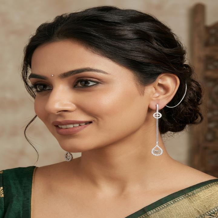 Sterling Silver Celestial Sui Dhaga – Contemporary Long Dangle Earrings with Geometric Halo and Ornate Teardrop Charm