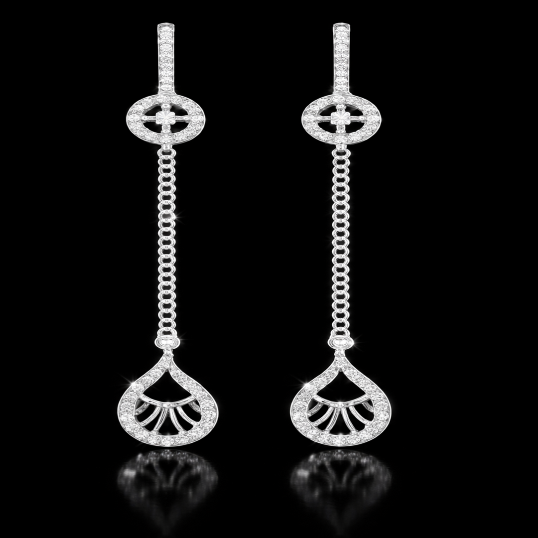 Sterling Silver Celestial Sui Dhaga – Contemporary Long Dangle Earrings with Geometric Halo and Ornate Teardrop Charm