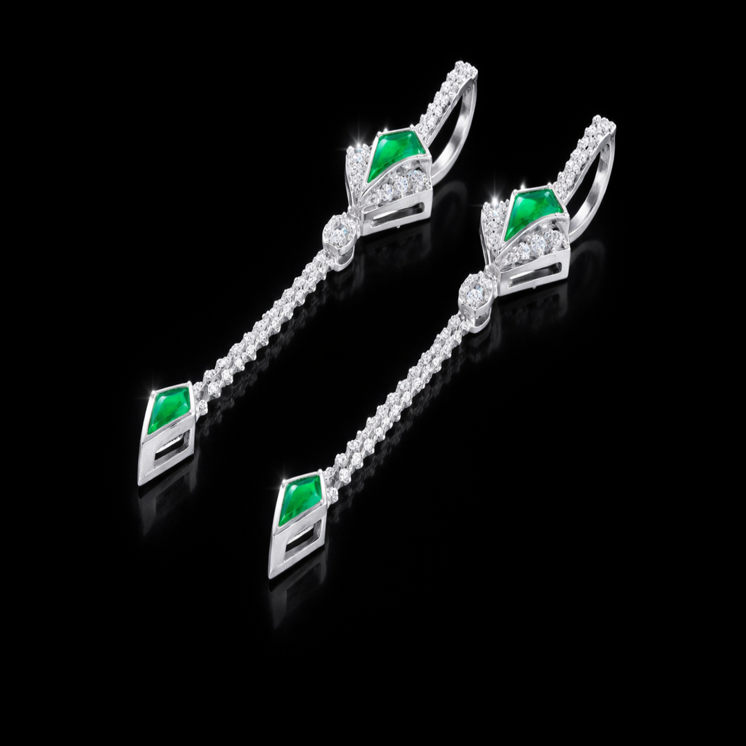 Silver Verdant Kite Sui Dhaga Earrings – Elegant Long Chain Drop Earrings with Vibrant Green Enamel and CZ Accents