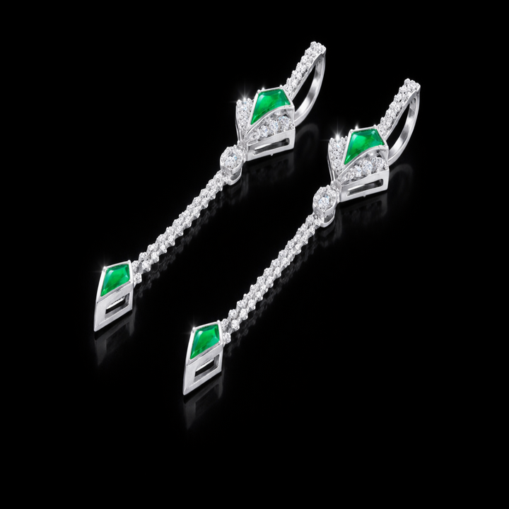 Silver Verdant Kite Sui Dhaga Earrings – Elegant Long Chain Drop Earrings with Vibrant Green Enamel and CZ Accents