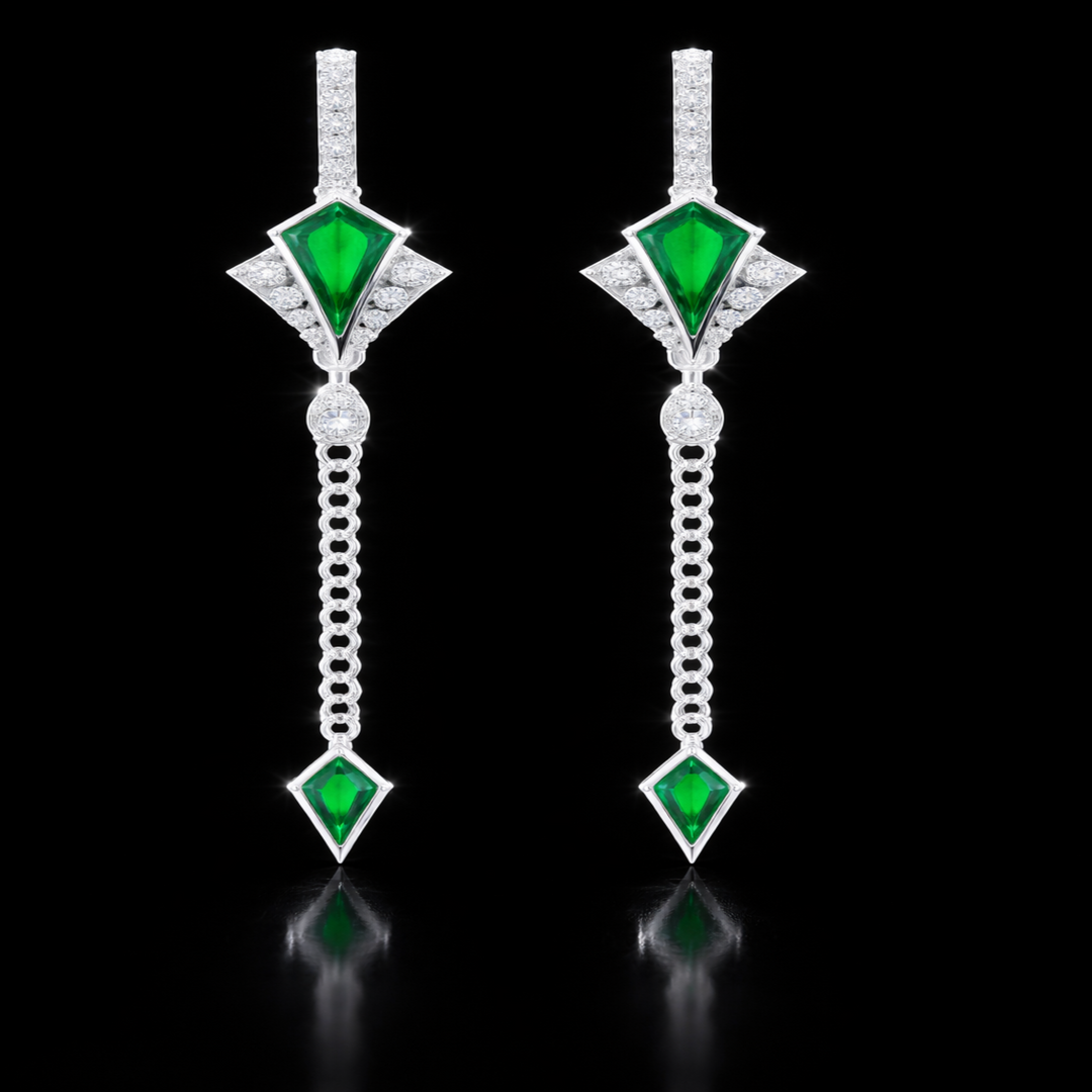 Silver Verdant Kite Sui Dhaga Earrings – Elegant Long Chain Drop Earrings with Vibrant Green Enamel and CZ Accents