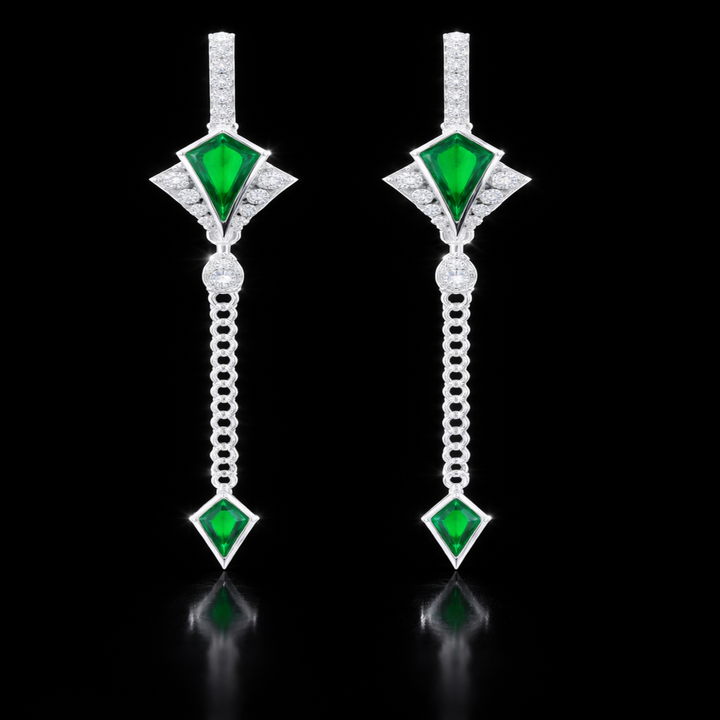 Silver Verdant Kite Sui Dhaga Earrings – Elegant Long Chain Drop Earrings with Vibrant Green Enamel and CZ Accents