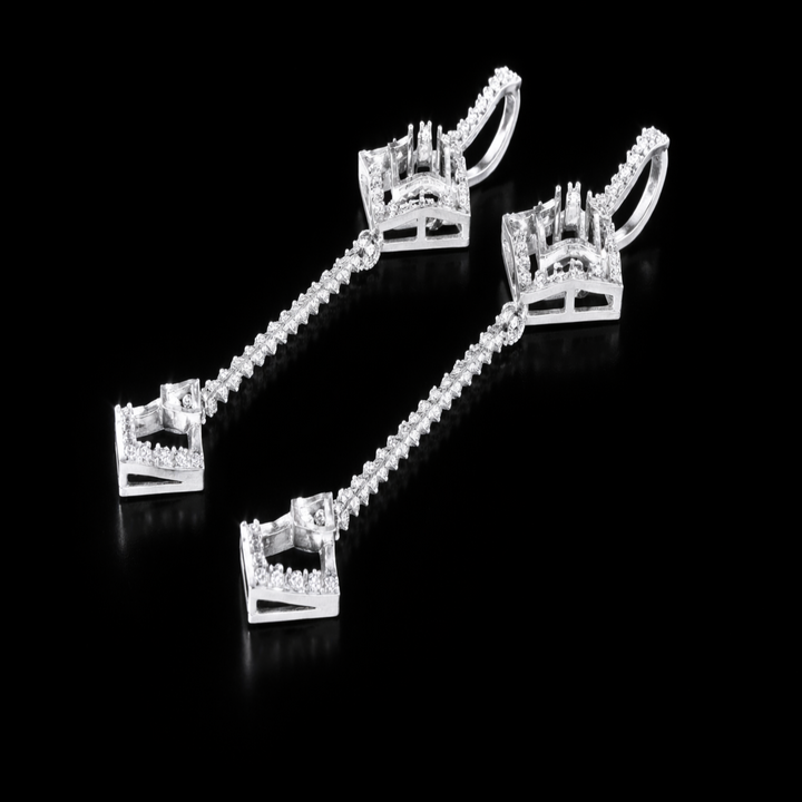 Silver Radiant Rhombus Sui Dhaga Earrings – Elegant Long Chain Drop Earrings with Open-Work Geometric Charms