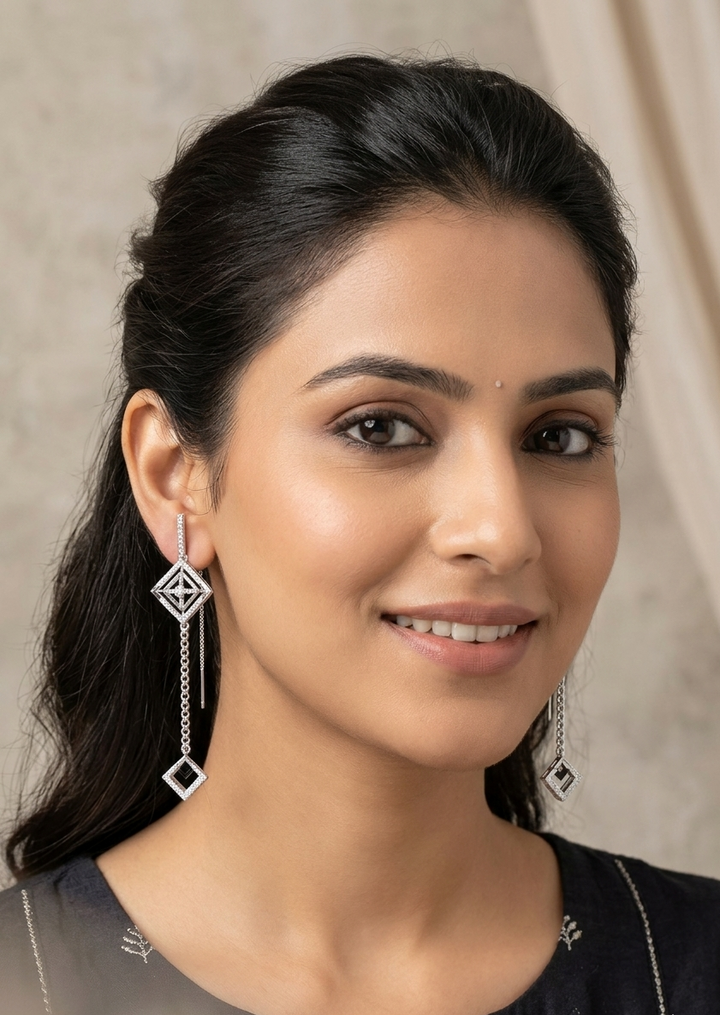 Silver Radiant Rhombus Sui Dhaga Earrings – Elegant Long Chain Drop Earrings with Open-Work Geometric Charms