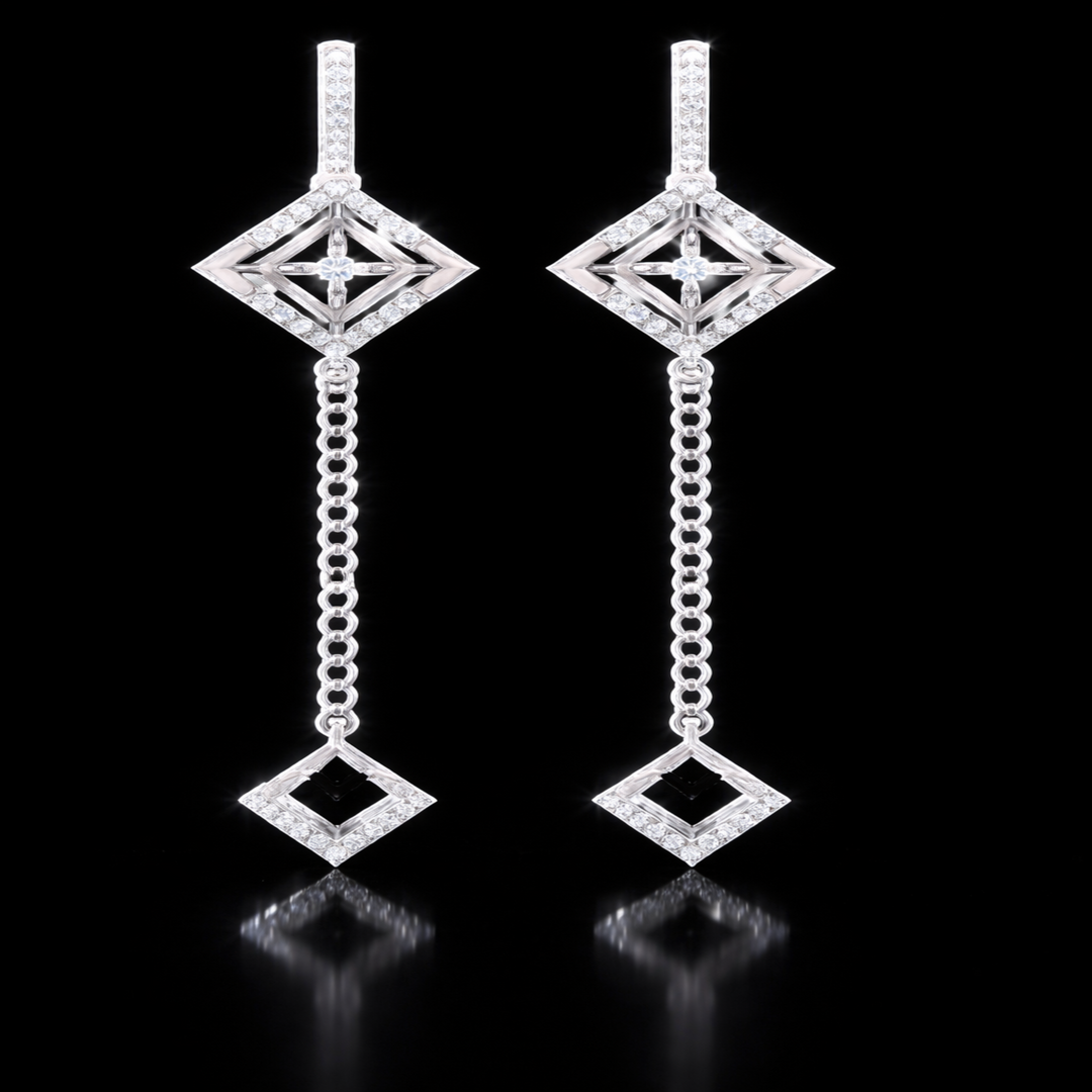 Silver Radiant Rhombus Sui Dhaga Earrings – Elegant Long Chain Drop Earrings with Open-Work Geometric Charms