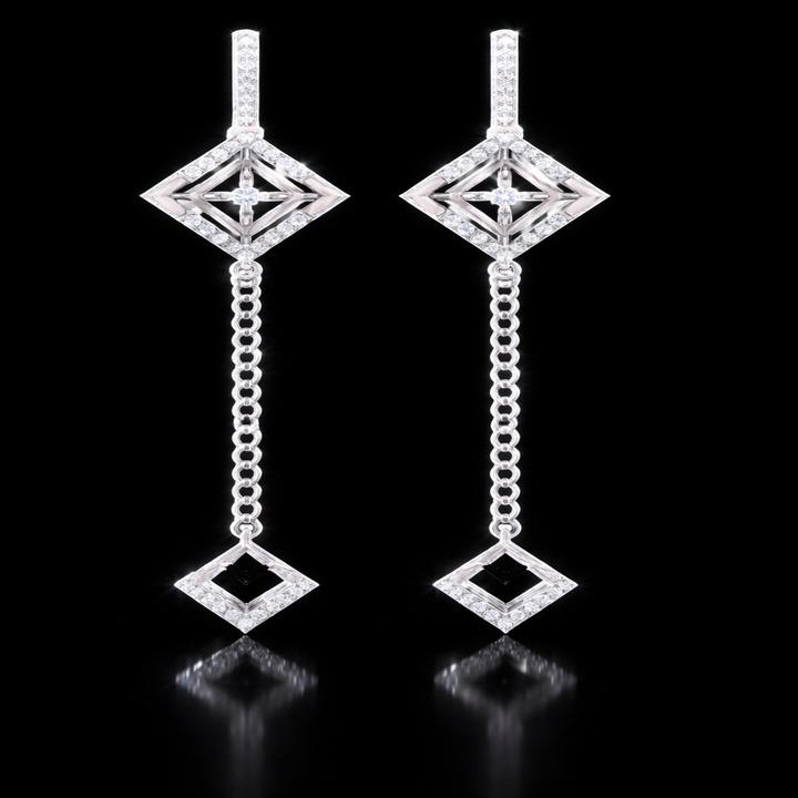 Silver Radiant Rhombus Sui Dhaga Earrings – Elegant Long Chain Drop Earrings with Open-Work Geometric Charms