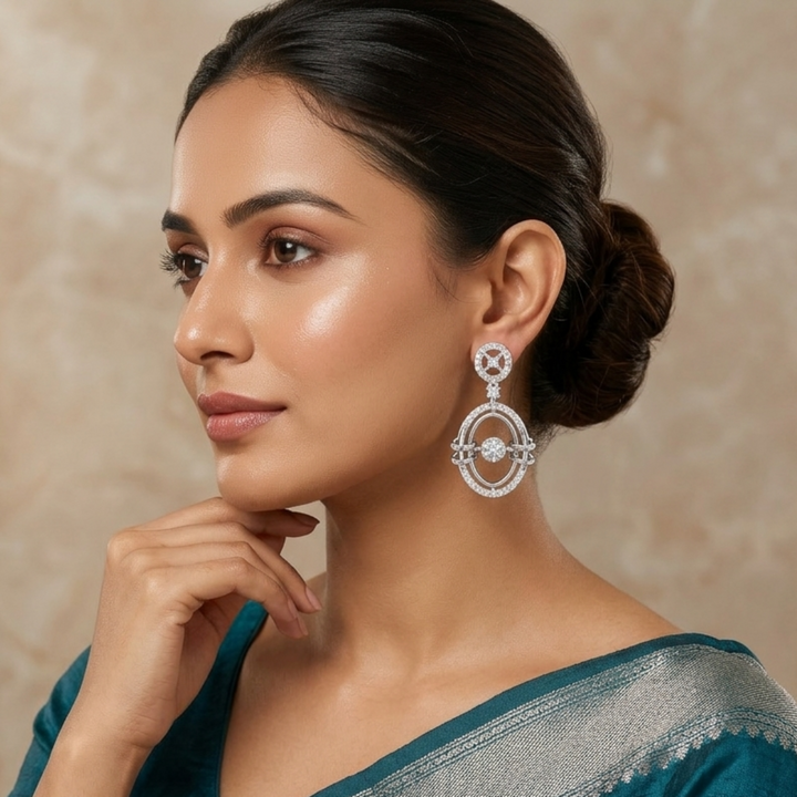 925 Sterling Silver Double Oval Halo Drop Earrings | Interlocking Statement Dangle Earrings with Brilliant Solitaire CZ