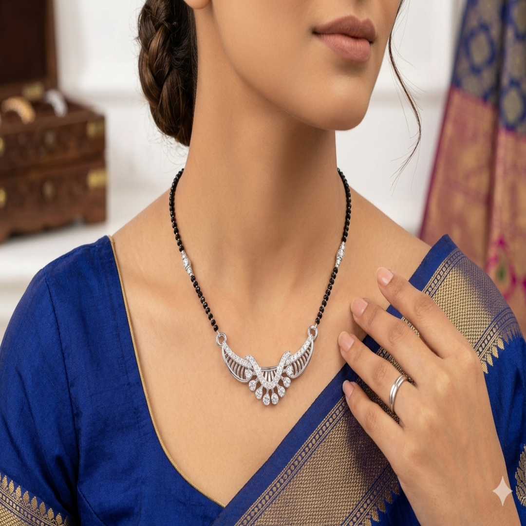 Sterling Silver Shimmering U-Shape Tanmaniya – Contemporary Designer Mangalsutra Pendant for Daily and Festive Wear