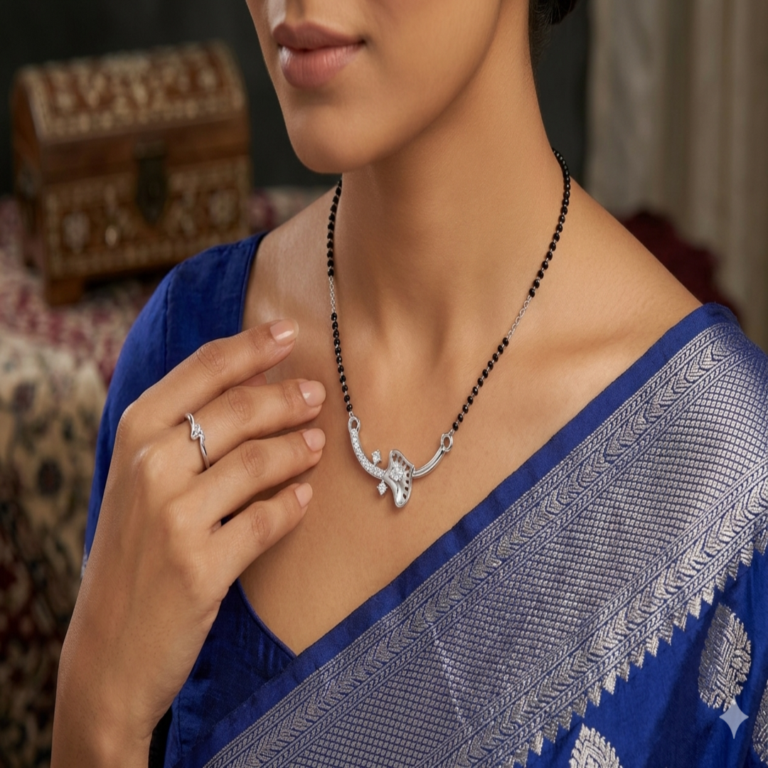 925 Sterling Silver Floral Tanmaniya Pendant – Sparkling CZ Curved Mangalsutra Pendant with Leaf Motif for Women