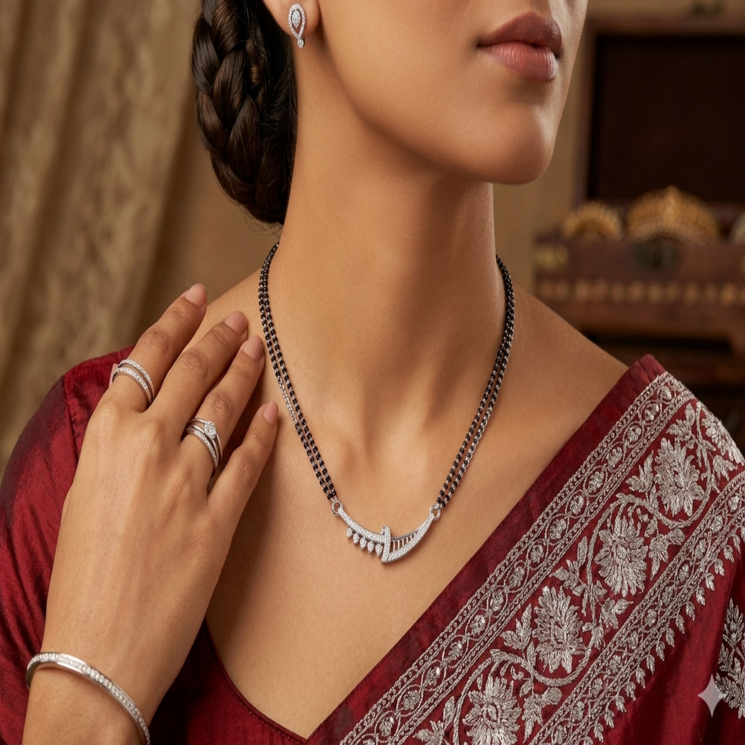 925 Sterling Silver Asymmetrical Tanmaniya Pendant – Sparkling CZ Curved Mangalsutra Pendant for Women