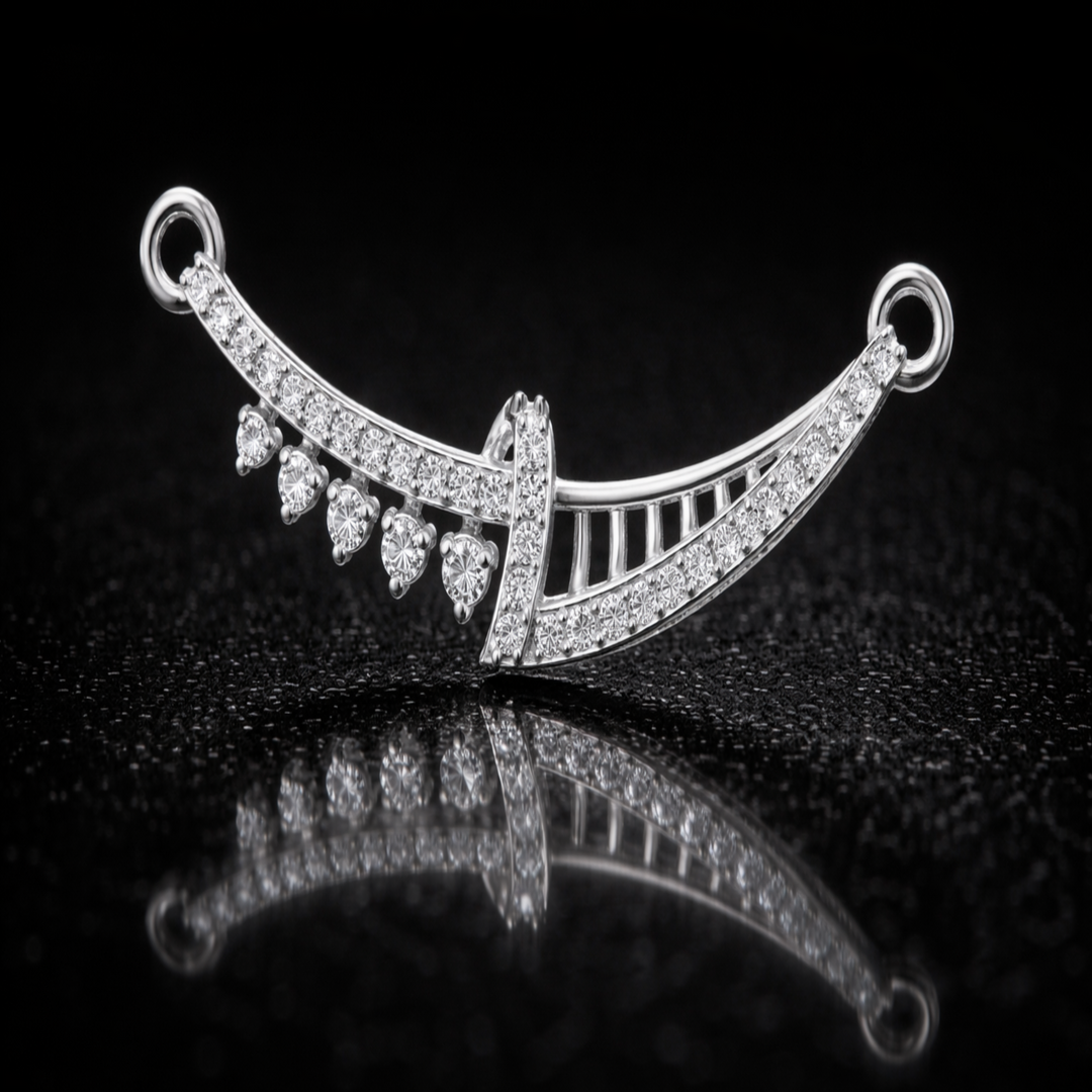 925 Sterling Silver Asymmetrical Tanmaniya Pendant – Sparkling CZ Curved Mangalsutra Pendant for Women