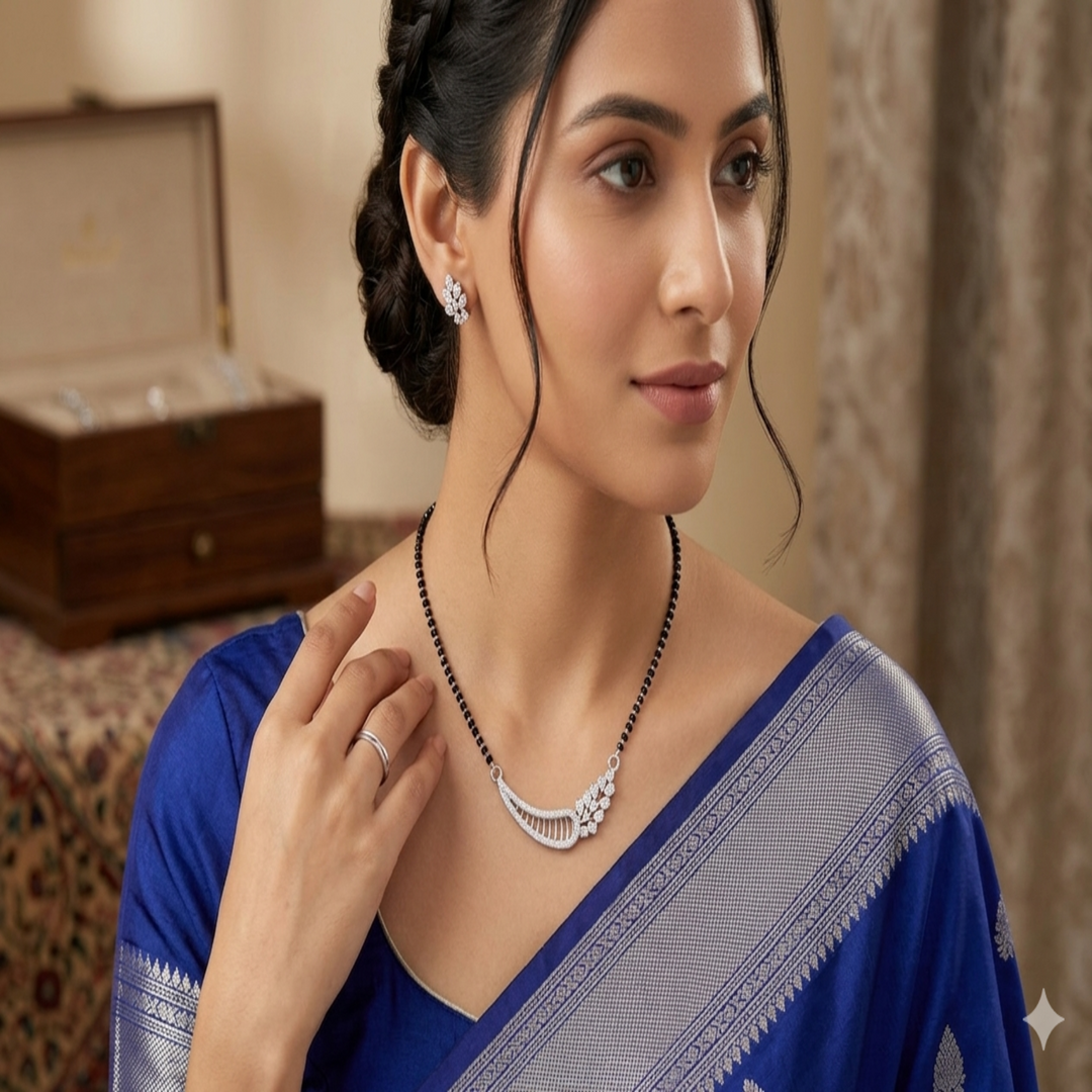 925 Sterling Silver Floral Leaf Tanmaniya Pendant – Sparkling CZ Curved Mangalsutra Pendant for Women